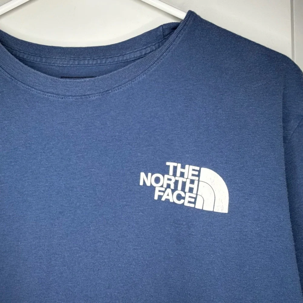 The North Face Blue Graphic Box Logo T-Shirt Never Stop Exploring Mens Medium